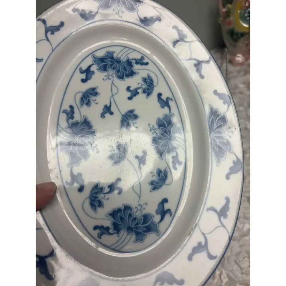Vintage Tatung Durable China Blue Water Lily Oval Serving Platter #0517 Taiwan